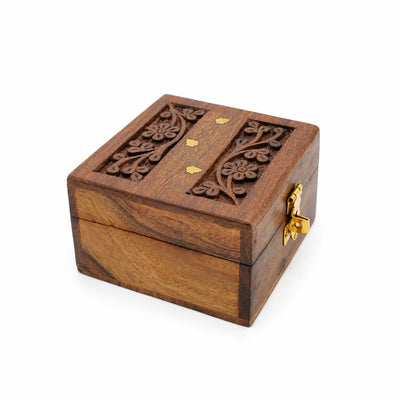 Wooden Bakhoor Storage Box 10.2 × 10.2 cm Brown with Gold Floral Design Siddiq Gifts