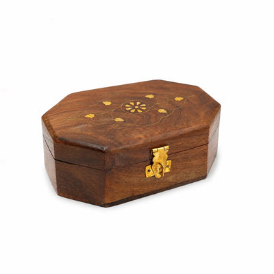 Wooden Bakhoor Storage Box 15.2 × 10.2 cm Octagonal Brown with Gold Floral Design Siddiq Gifts