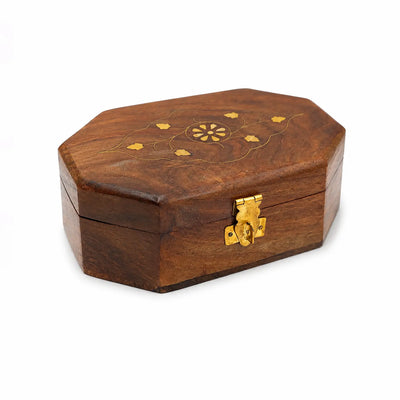 Wooden Bakhoor Storage Box 17.8 × 12.7 cm Octagonal Brown with Gold Floral Design Siddiq Gifts