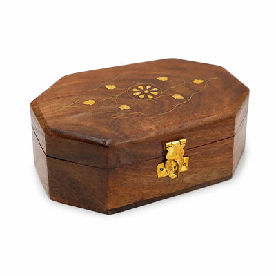 Wooden Bakhoor Storage Box 20.3 × 12.7 cm Octagonal Brown with Gold Floral Design Siddiq Gifts