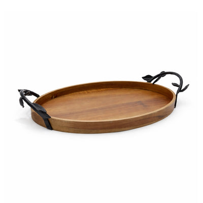 Wooden Serving Tray 40x26 Cm Oval With Metal Handles For Serving Drinks Snacks And Breakfast By Siddiq Gifts