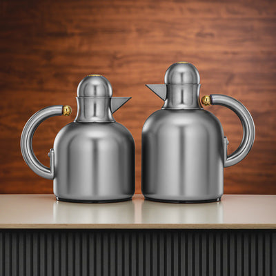 XL04-06/10 MS Vacuum Flask Set – 2 Pieces (0.6L & 1.0L) – Matt Silver with Golden Accents | Siddiq Gifts – Mussafah Abu Dhabi