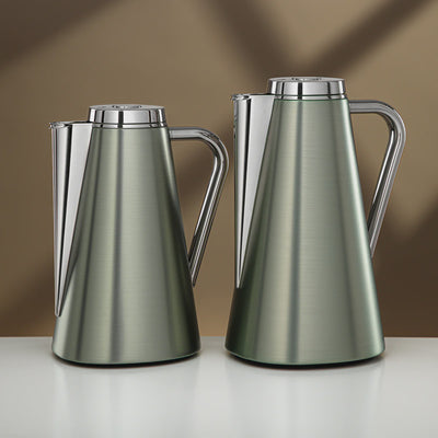 XOC-S5C 2-piece vacuum flask set in brushed green and silver finish (0.7L + 1L) for Arabic coffee and tea serving – Siddiq Gifts Mussafah Abu Dhabi