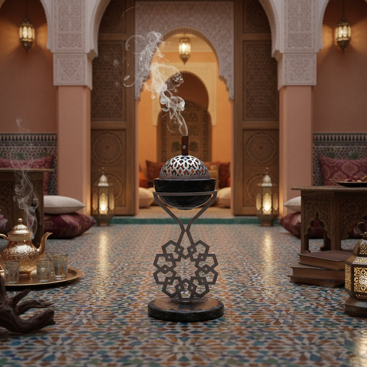 Decorative incense burner in a Moroccan-style room with intricate patterns and warm lighting.