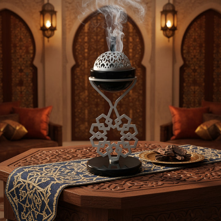 Incense burner with smoke on a decorative table in an ornate room.