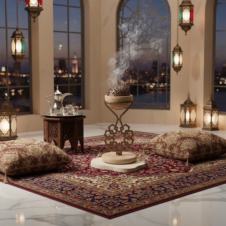 Decorative interior with patterned rug, incense burner, and lanterns.