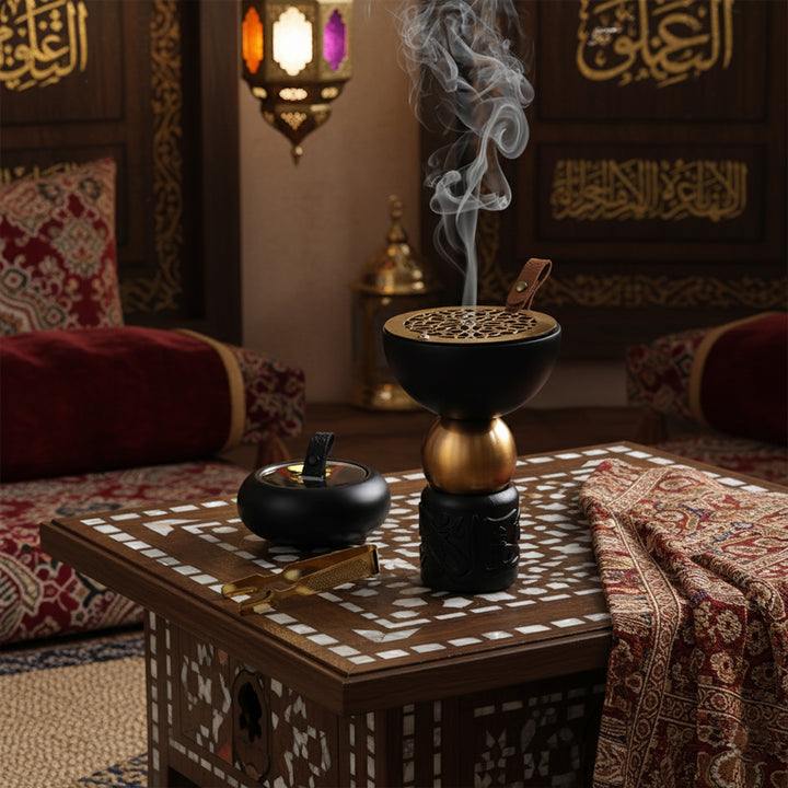 Decorative incense burner with smoke in a room with patterned furniture and wall art.