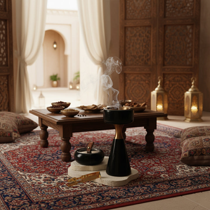 A traditional setting with a wooden table, incense burner, and lanterns in a room with patterned rug and wooden walls.