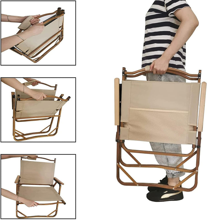 Beige folding chair with wooden frame being held by a person, with close-up insets showing different angles.