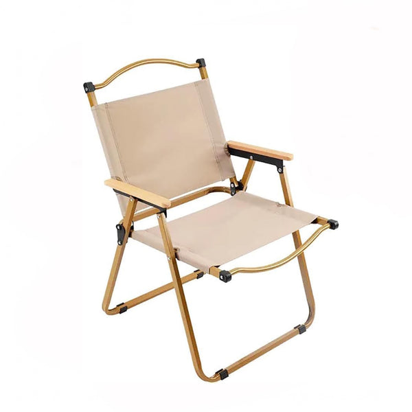 Beige folding chair with wooden frame on a white background