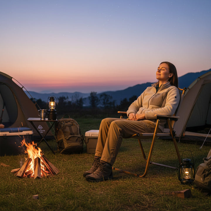 Person sitting by a campfire at dusk with a tent and lantern in the background