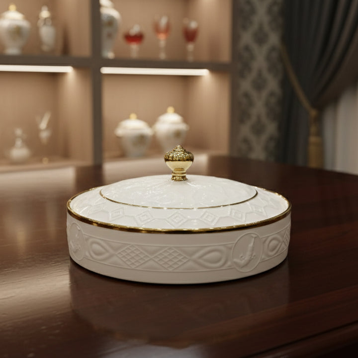 YF405-1 White Ceramic Serving Bowl with Gold Lid – Premium Bowl – Siddiq Gifts Mussafah Abu Dhabi
