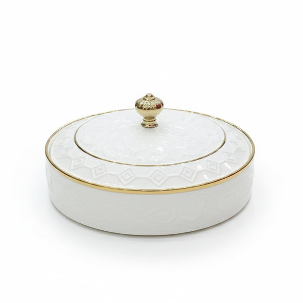 YF405-1 White Ceramic Serving Bowl with Gold Lid – Premium Bowl – Siddiq Gifts Mussafah Abu Dhabi
