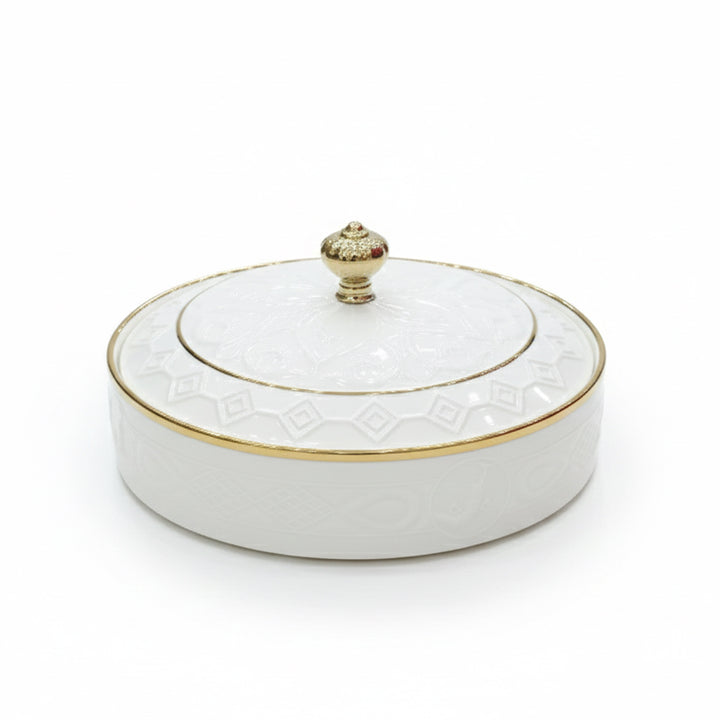 YF405-1 White Ceramic Serving Bowl with Gold Lid – Premium Bowl – Siddiq Gifts Mussafah Abu Dhabi