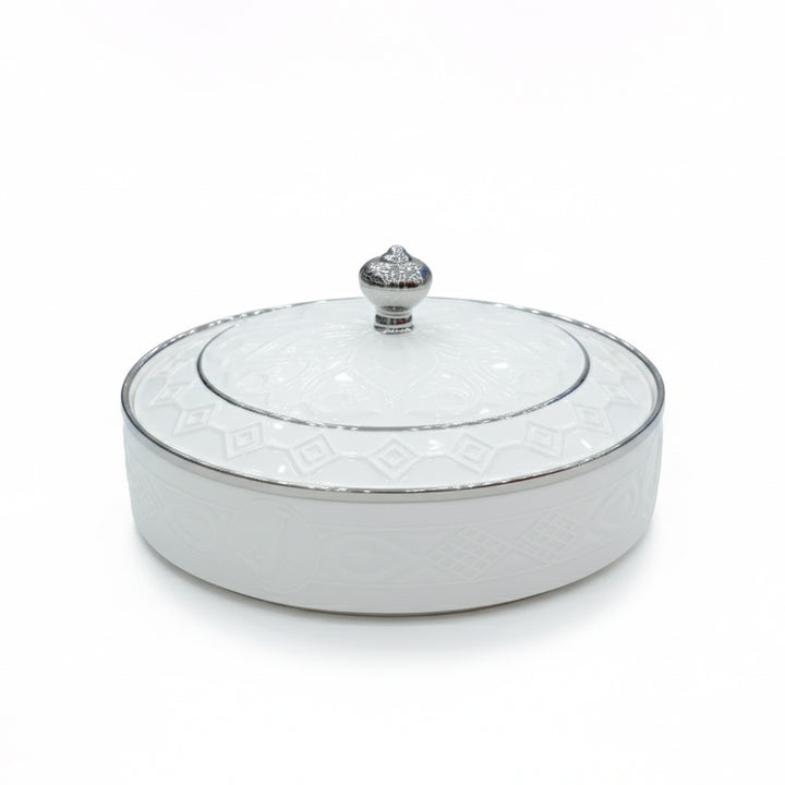 YF405 White Ceramic Serving Bowl – 25 cm with Silver Lid – Siddiq Gifts Mussafah Abu Dhabi