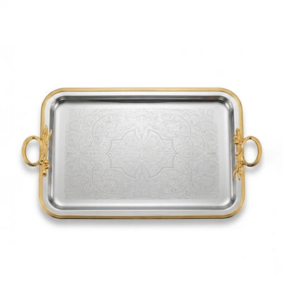 ZL2013967 Rectangular Serving Tray 42 x 27 cm Silver with Gold Border and Handles Siddiq Gifts