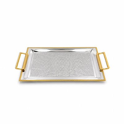 ZL2013981 Rectangular Serving Tray 35 x 22 cm Silver with Gold Border and Handles Siddiq Gifts