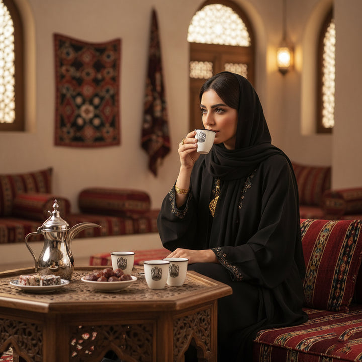 Woman in traditional attire drinking from a cup in a decorated room.