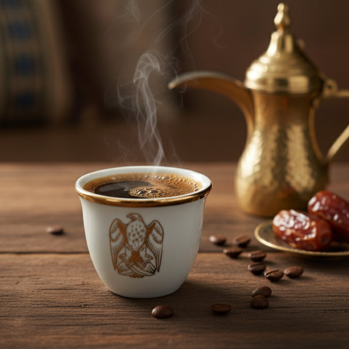 Steaming cup of coffee with a gold teapot and dates on a wooden table