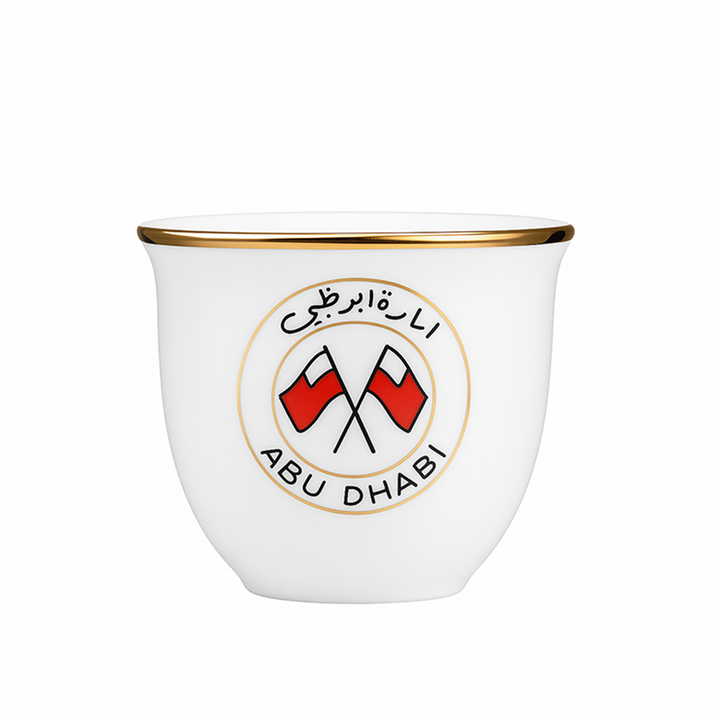 White cup with gold rim featuring Abu Dhabi flags on a white background