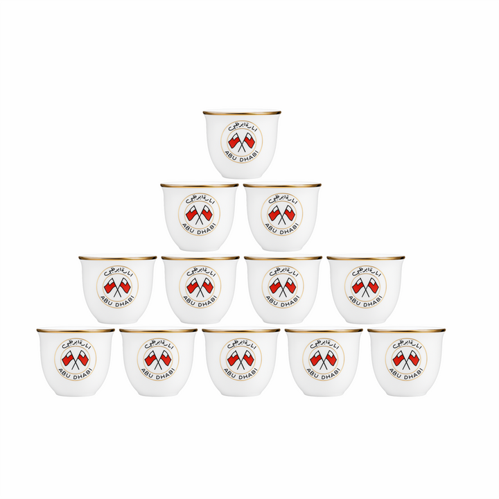 Set of 10 white cups with red and black designs on a white background